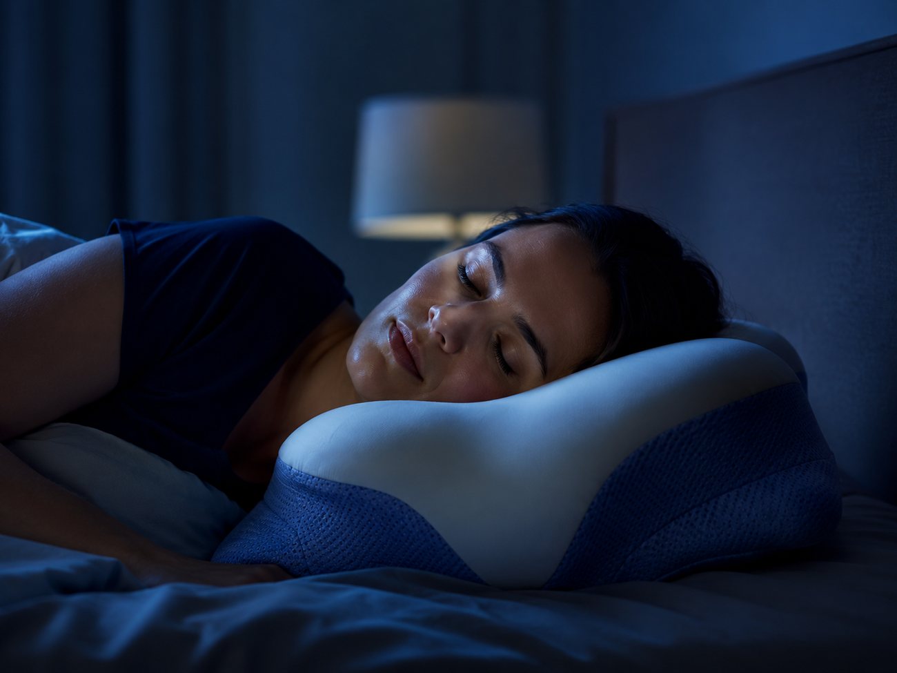 Person asleep on their side, head cradled in the pillow with neck supported and spine in a straight line
