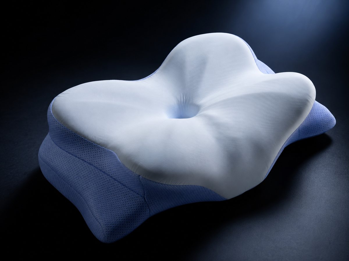 Ergonomic butterfly pillow lit dramatically on a dark surface, showing the center dip